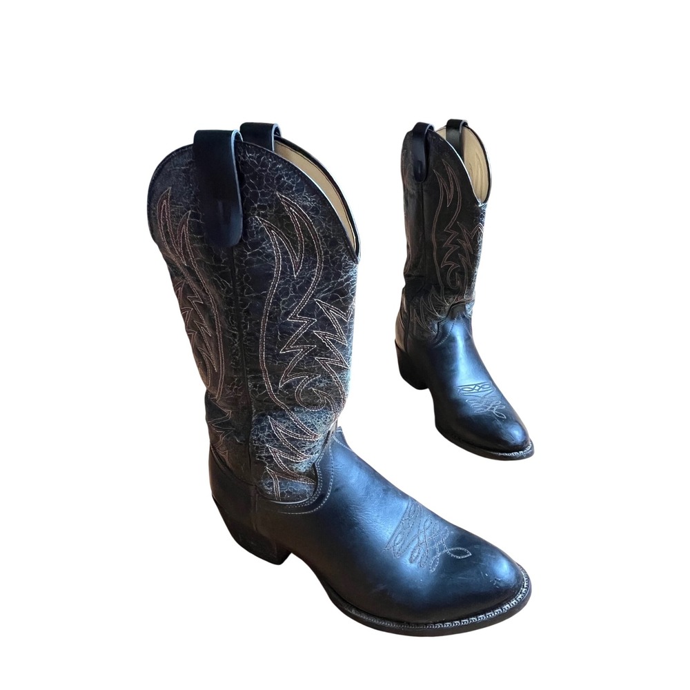 VTG Black Leather Western Cowboy Boots Crackle Shaft Stitched Round Toe M 10 W 9